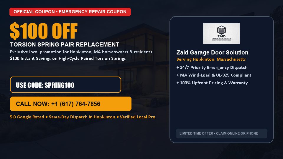 Zaid Garage Door Solution $100 OFF Dual Torsion Spring Replacement in Hopkinton, MA